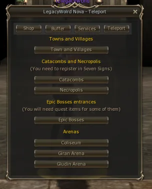 In-game teleport NPC menu